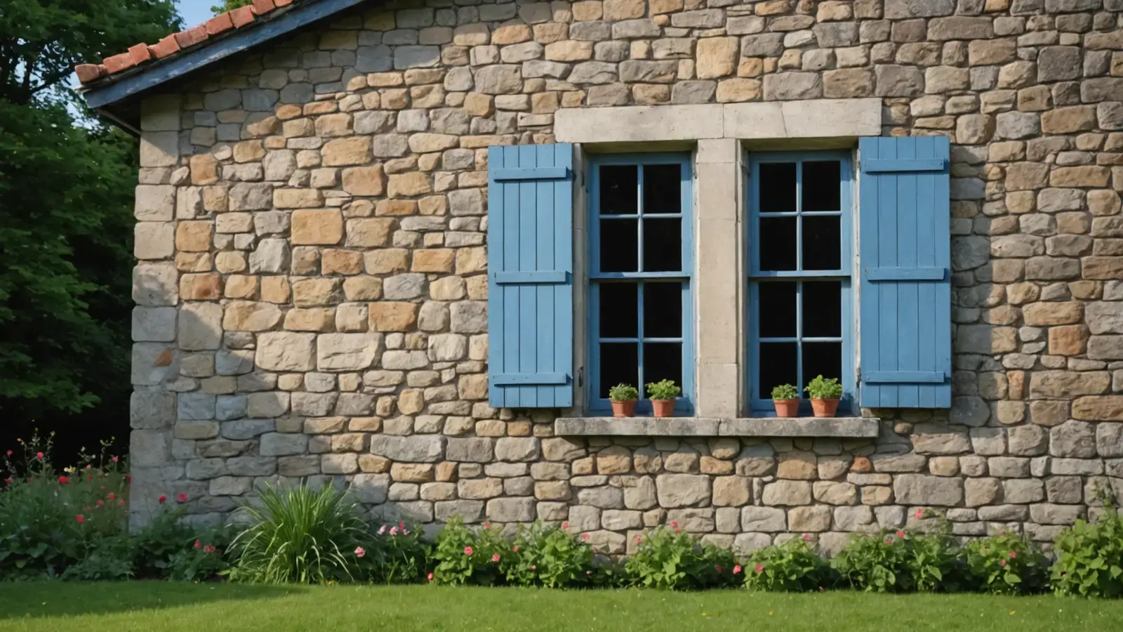 Pignon d'une maison en pierre aux volets bleus, fenêtre fleurie, vu depuis le jardin