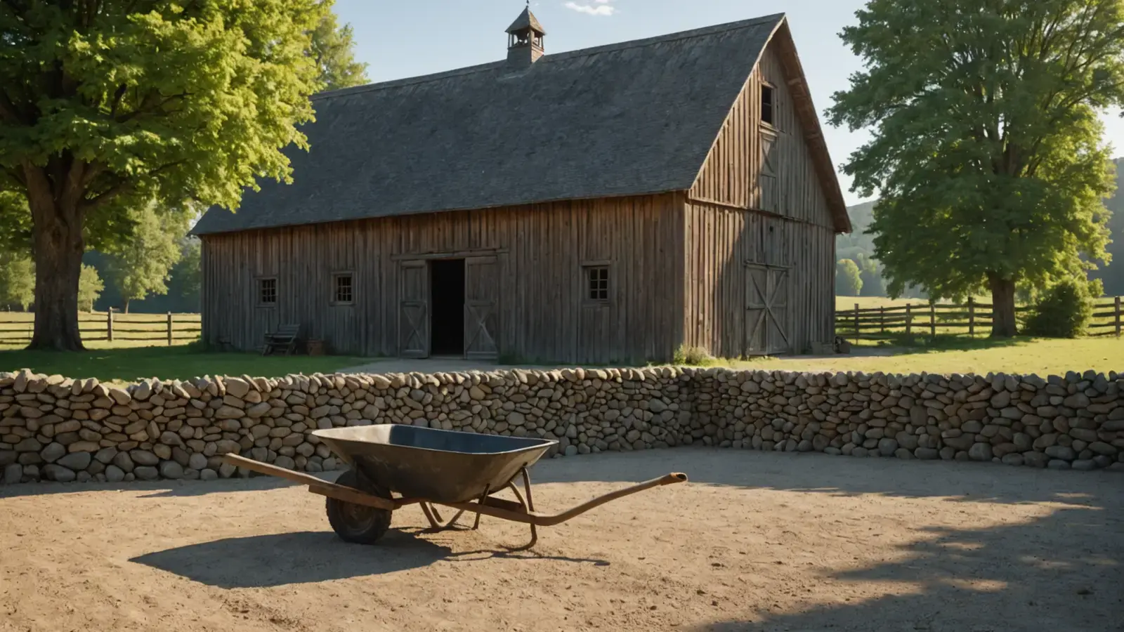 Grange en bois derrière un muret de pierres, cour de terre plane et brouette, lumière du matin