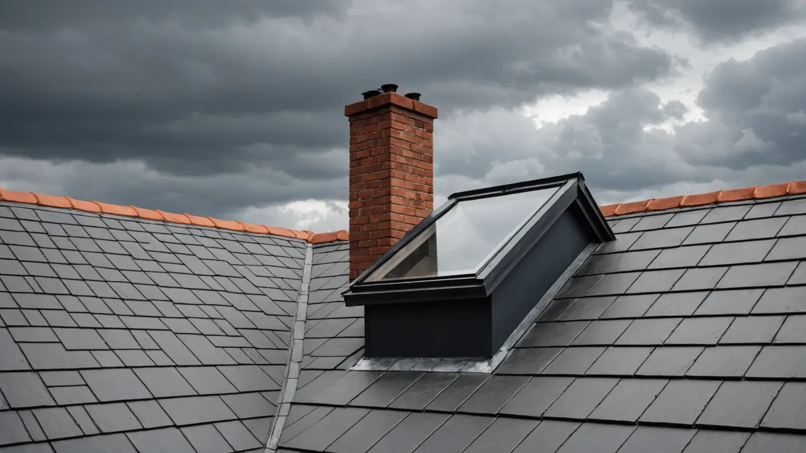 Toit d'ardoises grises avec fenêtre de toit et souche de cheminée en briques, sous un ciel d'orage
