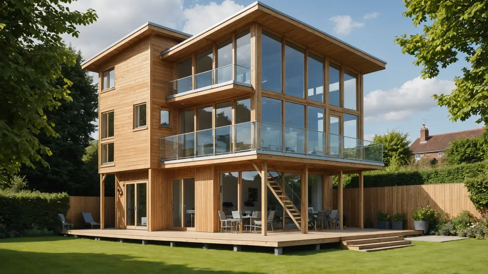 Grande maison moderne en bois à façades vitrées et balcons, vue depuis le jardin