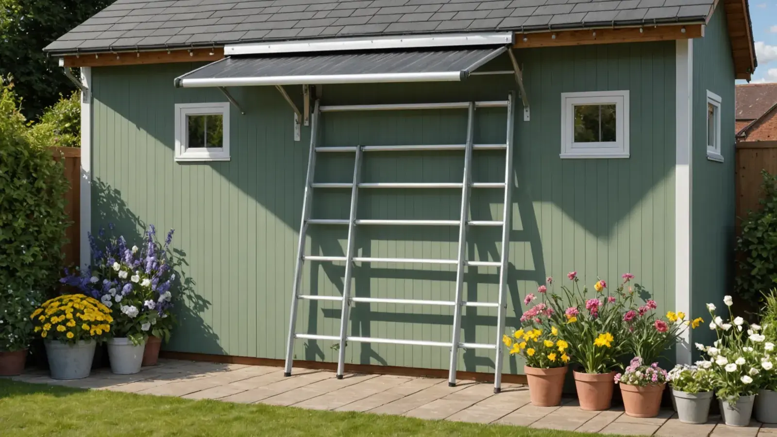 Échelle en aluminium accrochée contre la paroi d'un abri de jardin vert, entourée de pots de fleurs