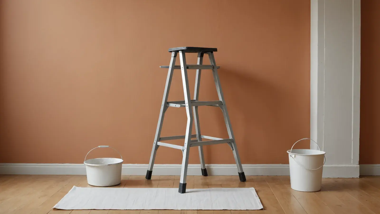 Escabeau en aluminium ouvert devant un mur peint en terracotta, seaux de peinture et bâche au sol