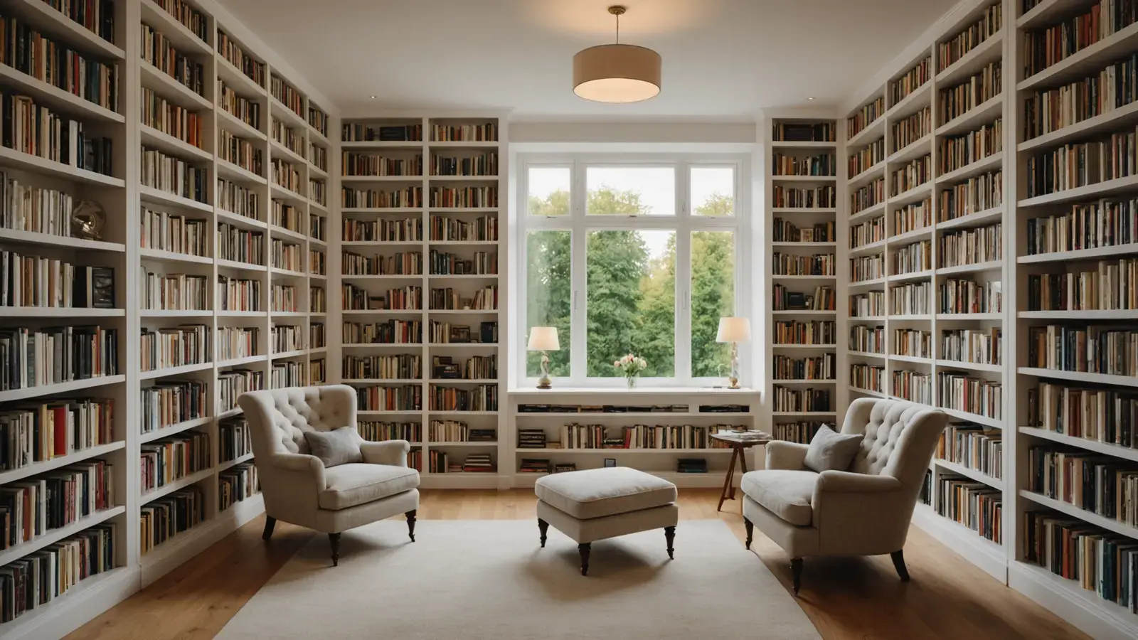 Bibliothèque de maison aux rayonnages blancs du sol au plafond, fauteuil et grande fenêtre