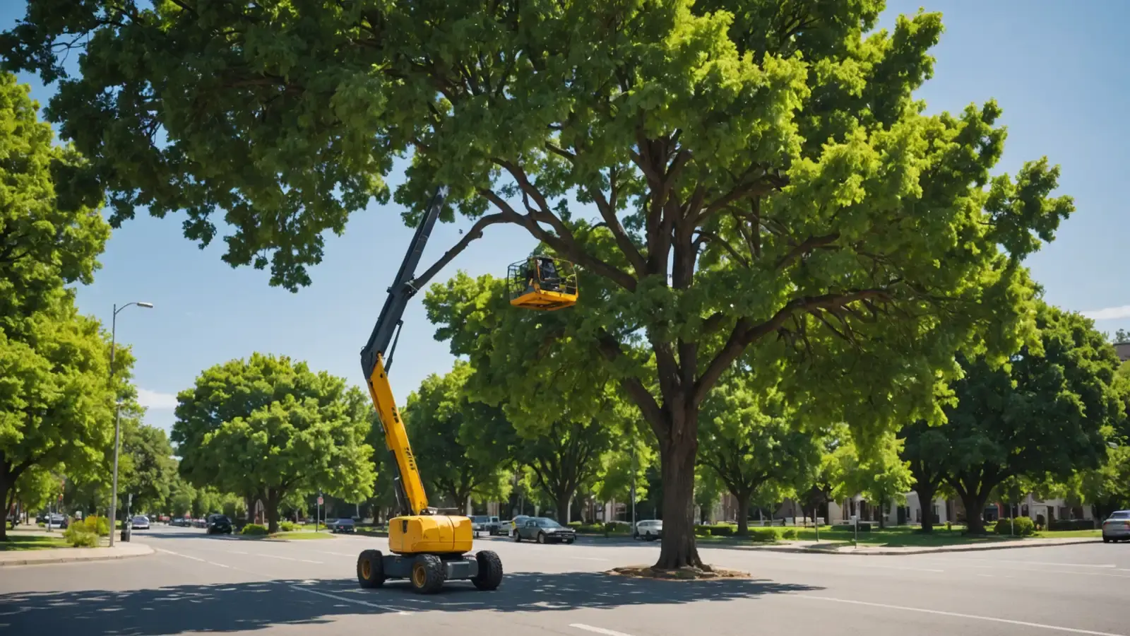 Nacelle articulée jaune au bras levé près d'un grand arbre, sur un boulevard bordé d'arbres