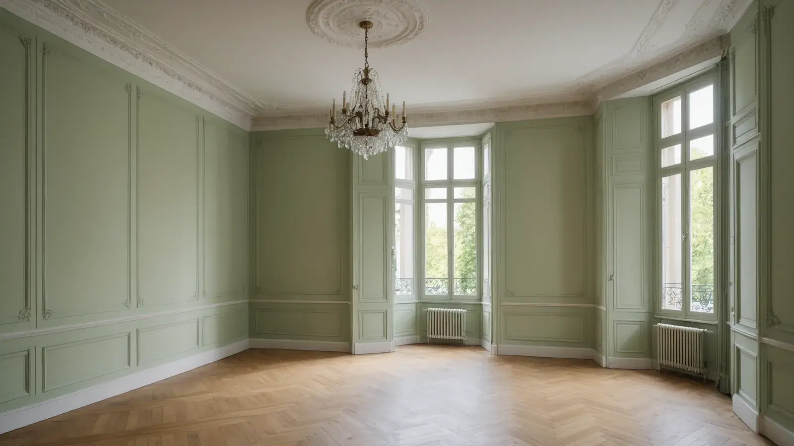 Salon ancien vide au plafond blanc fraîchement peint, moulures et rosace, murs vert sauge et parquet à bâtons rompus