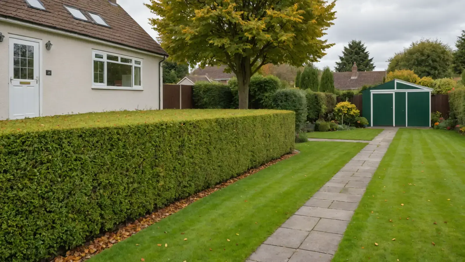 Jardin de maison en début d'automne : haie taillée le long d'une pelouse, allée dallée et abri de jardin vert au fond