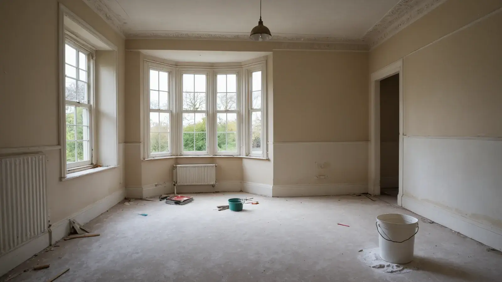 Pièce vide d'une maison ancienne en travaux, murs crème, bow-window, seaux et bac à peinture posés sur le sol protégé