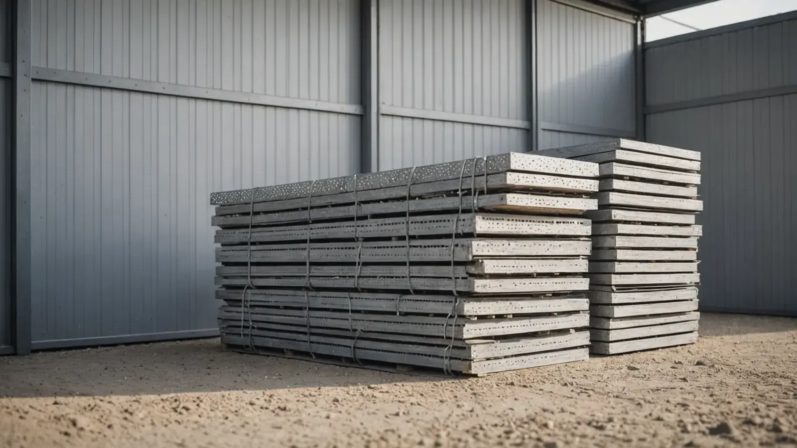 Piles de plateaux d'acier galvanisé perforés, cerclés et posés au sol d'un dépôt de chantier devant un bardage métallique
