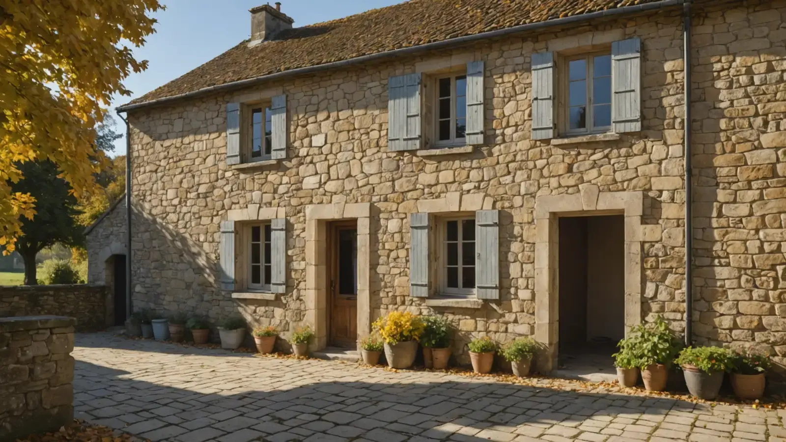 Longère en pierre aux volets bleus devant une cour pavée, feuilles jaunes et pots de fleurs, lumière rasante d'un matin d'automne
