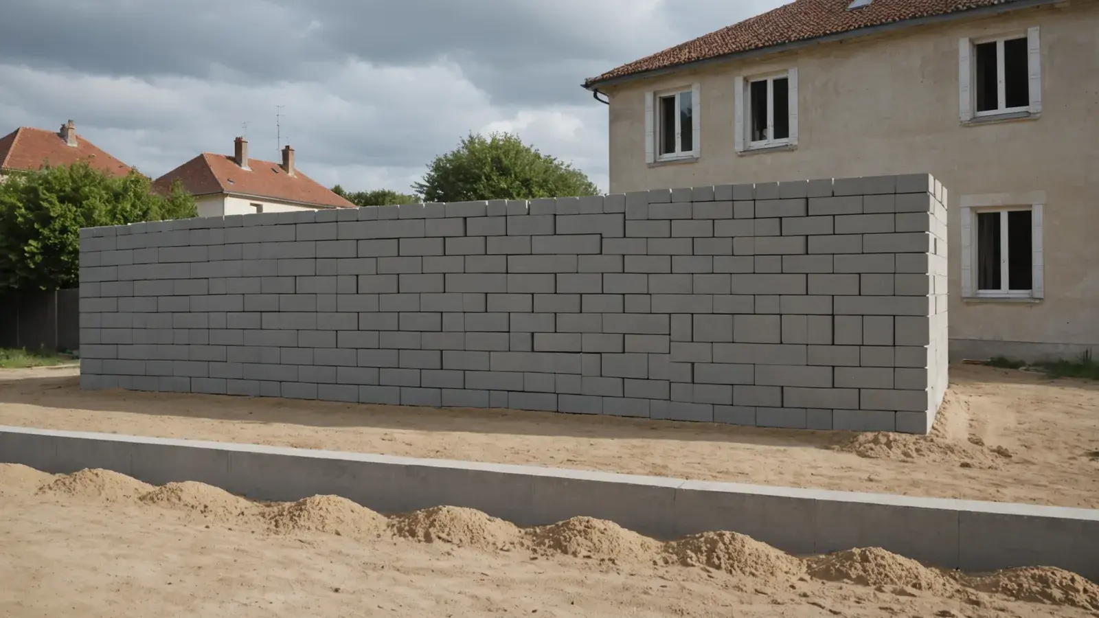 Mur de blocs de béton monté à mi-hauteur sur un chantier de maison, tas de sable sur la terre nue, ciel couvert de fin d'après-midi