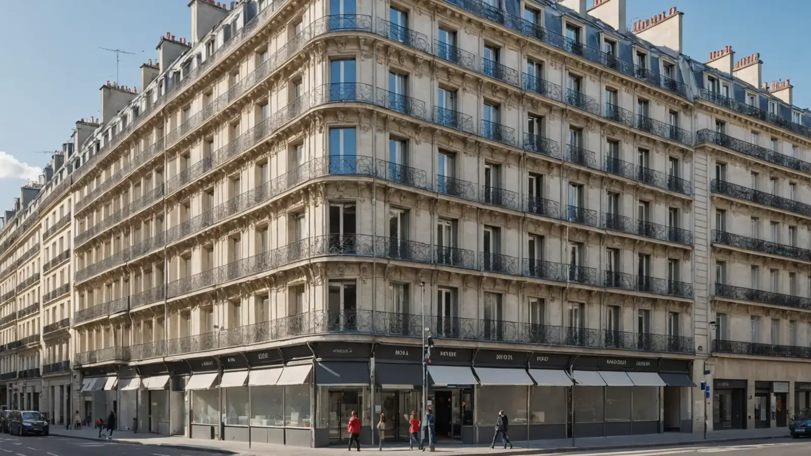 Immeuble haussmannien d'angle vu de la rue au matin, façade en pierre et balcons filants
