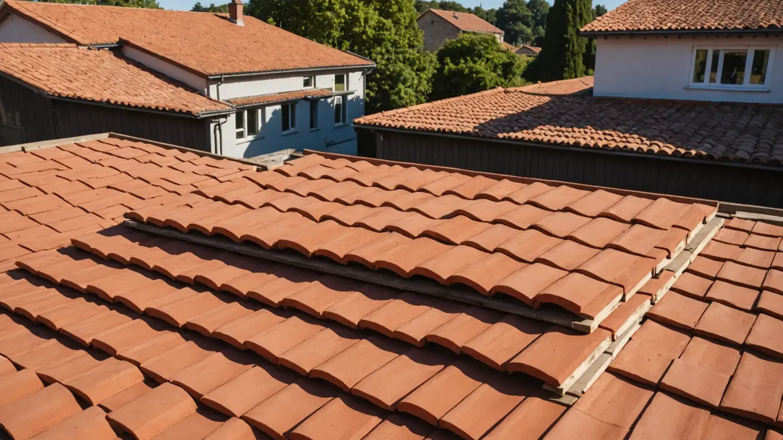 Tuiles en terre cuite neuves posées sur un toit en rénovation, maisons voisines au soleil