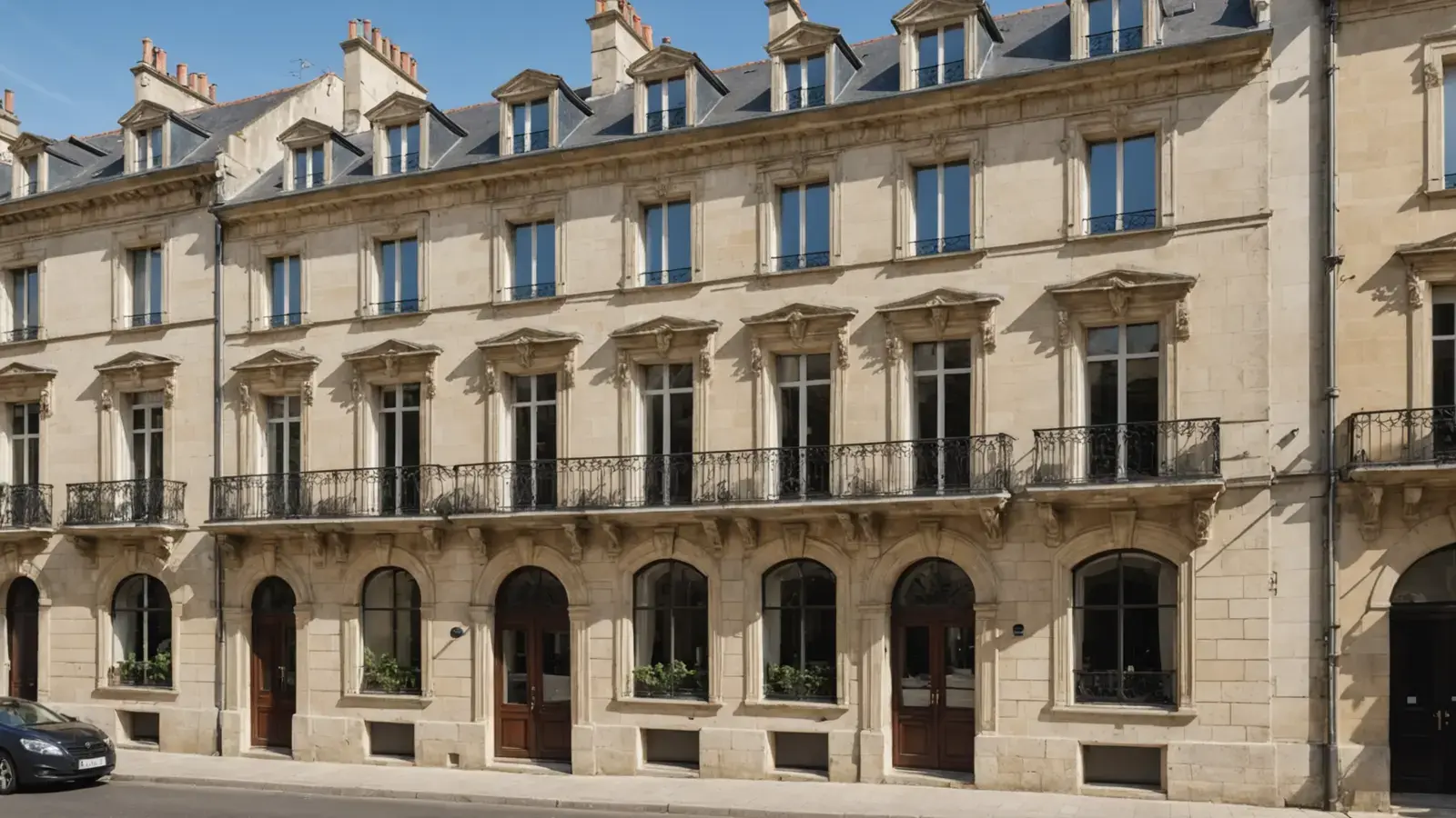 Façade d'immeuble en pierre blonde à Bordeaux, balcons en fer forgé et lucarnes, au soleil