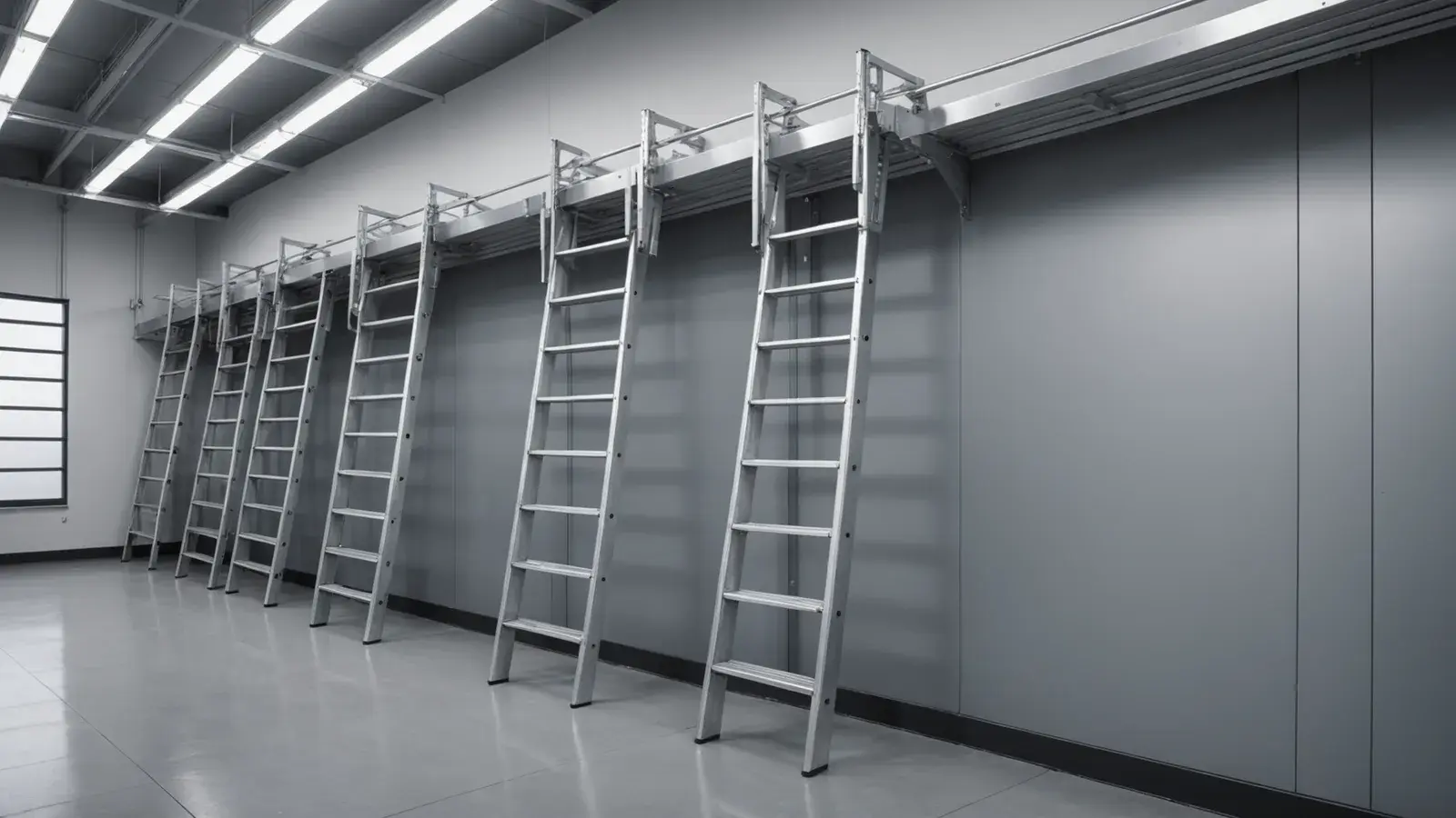 Échelles en aluminium rangées côte à côte contre le mur d'une réserve professionnelle