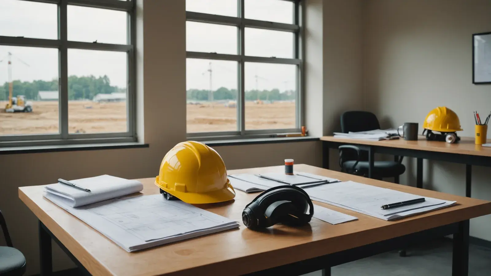 Bureau de chantier : casques jaunes et plans sur la table, terrain en travaux et grue par la fenêtre
