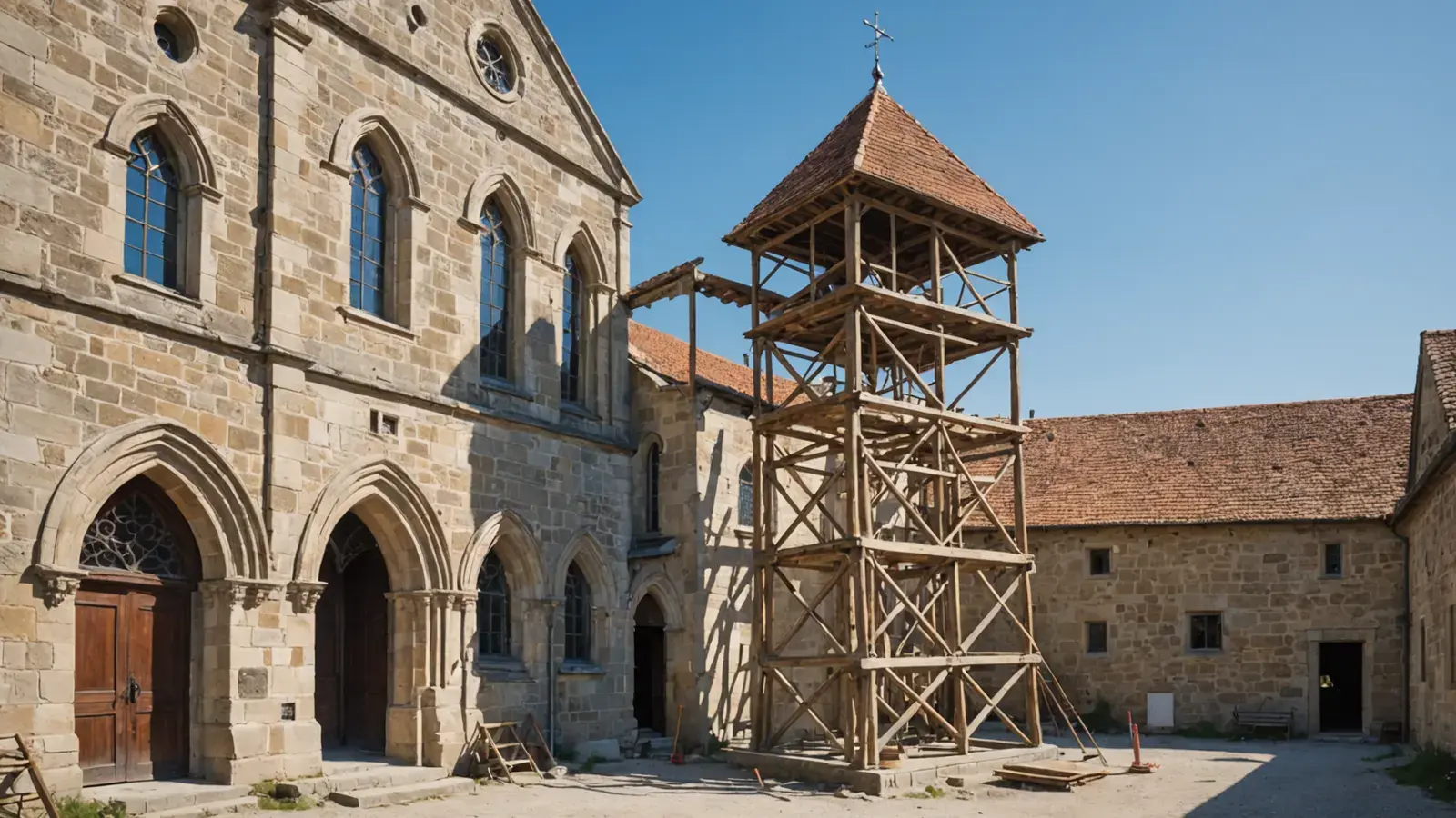 Église en pierre en restauration, tour d'échafaudage en bois et tubes dressée près du clocher