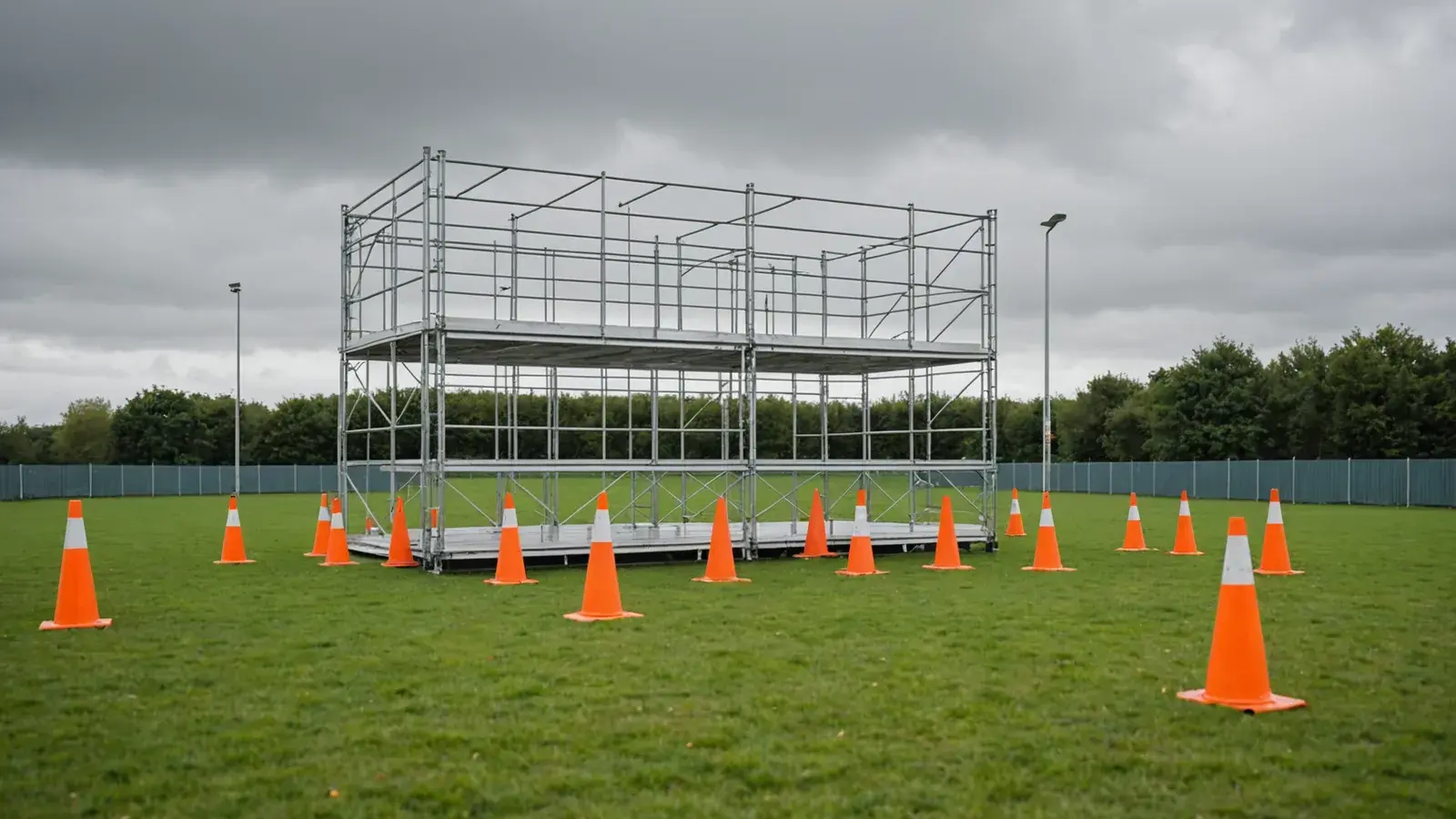 Échafaudage en aluminium monté sur une aire de formation balisée de cônes orange