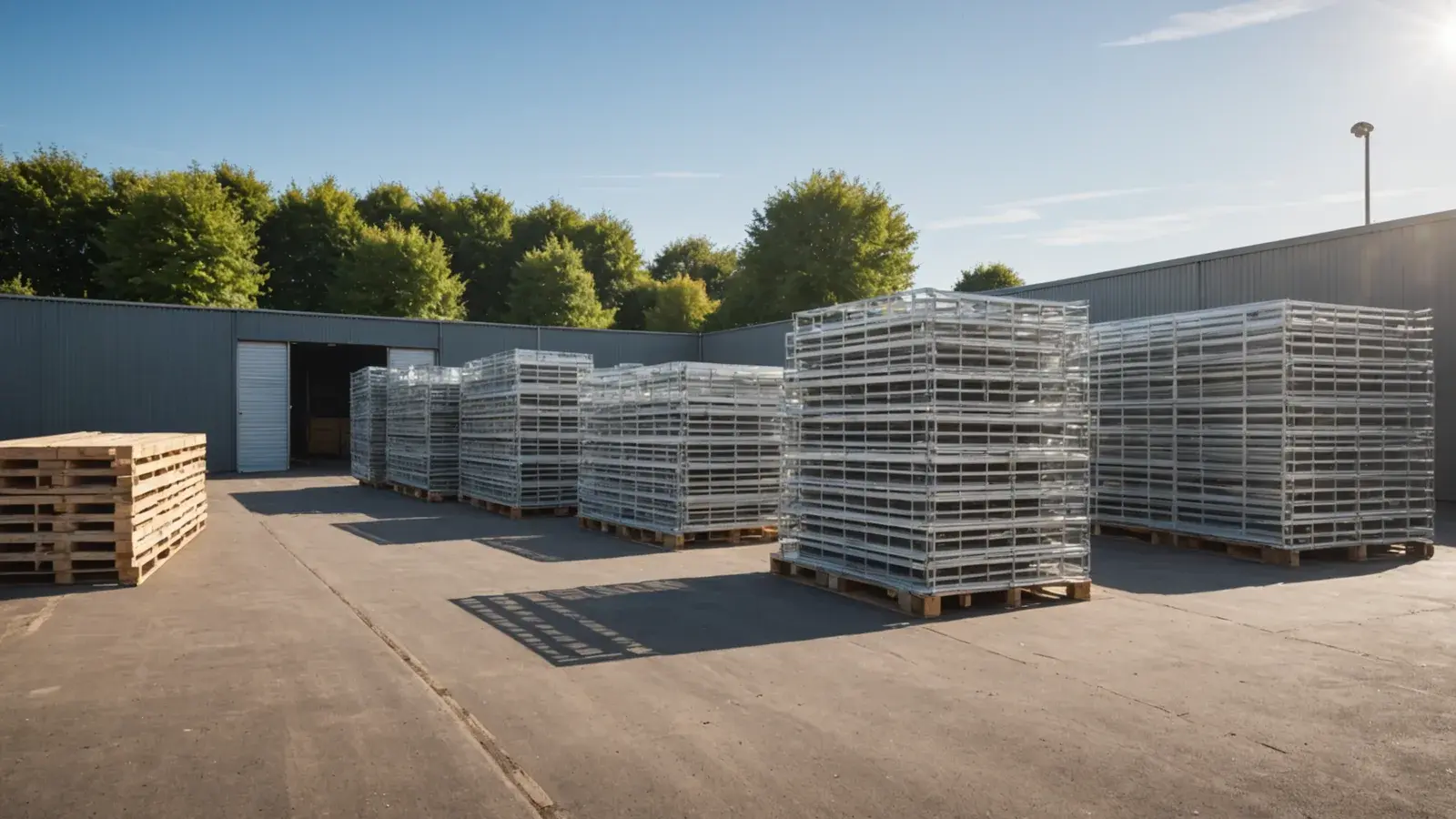 Cour d'une entreprise du bâtiment : cadres d'échafaudage neufs et planches empilés sur des palettes