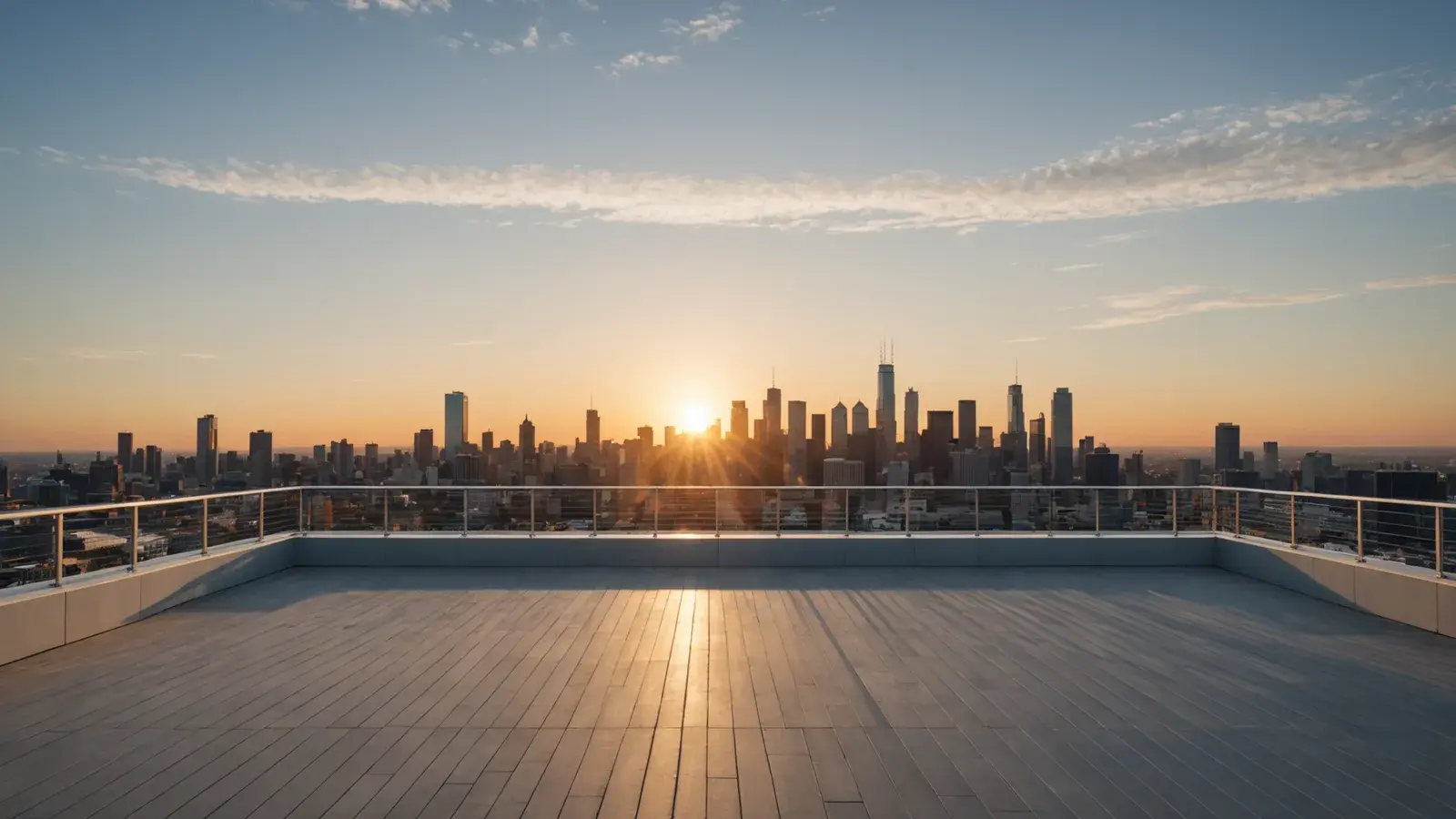 Toit-terrasse d'immeuble de bureaux bordé de garde-corps en acier, ligne d'horizon de la ville au couchant