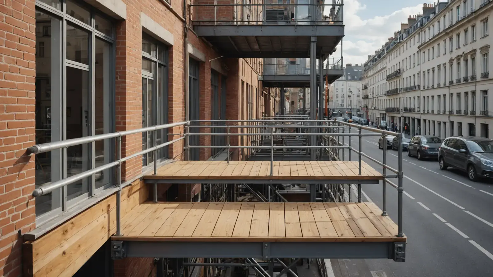 Plancher en bois d'un échafaudage de façade bordé de garde-corps, au-dessus d'une rue de ville