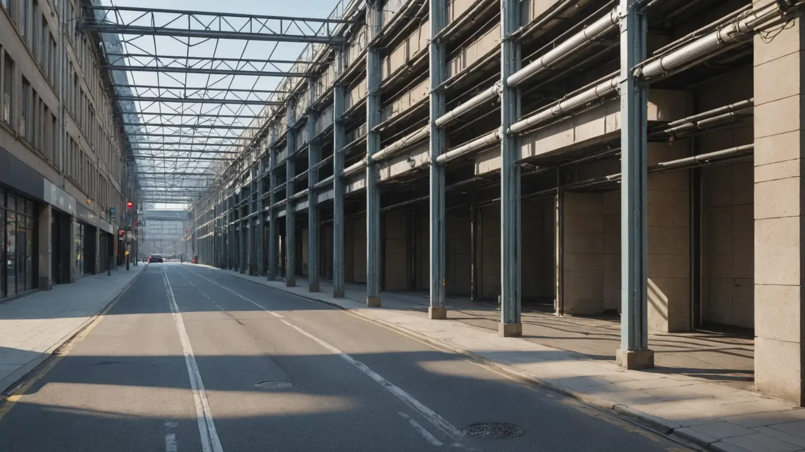 Rue de ville bordée d'une longue structure en tubes d'acier qui abrite le trottoir