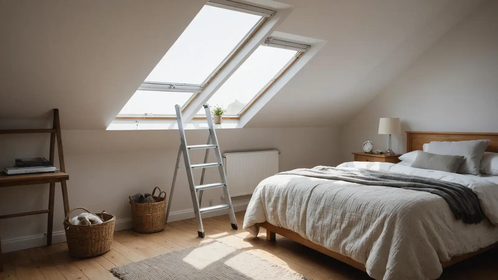 Escabeau en aluminium dans une chambre mansardée lumineuse, sous une grande fenêtre de toit