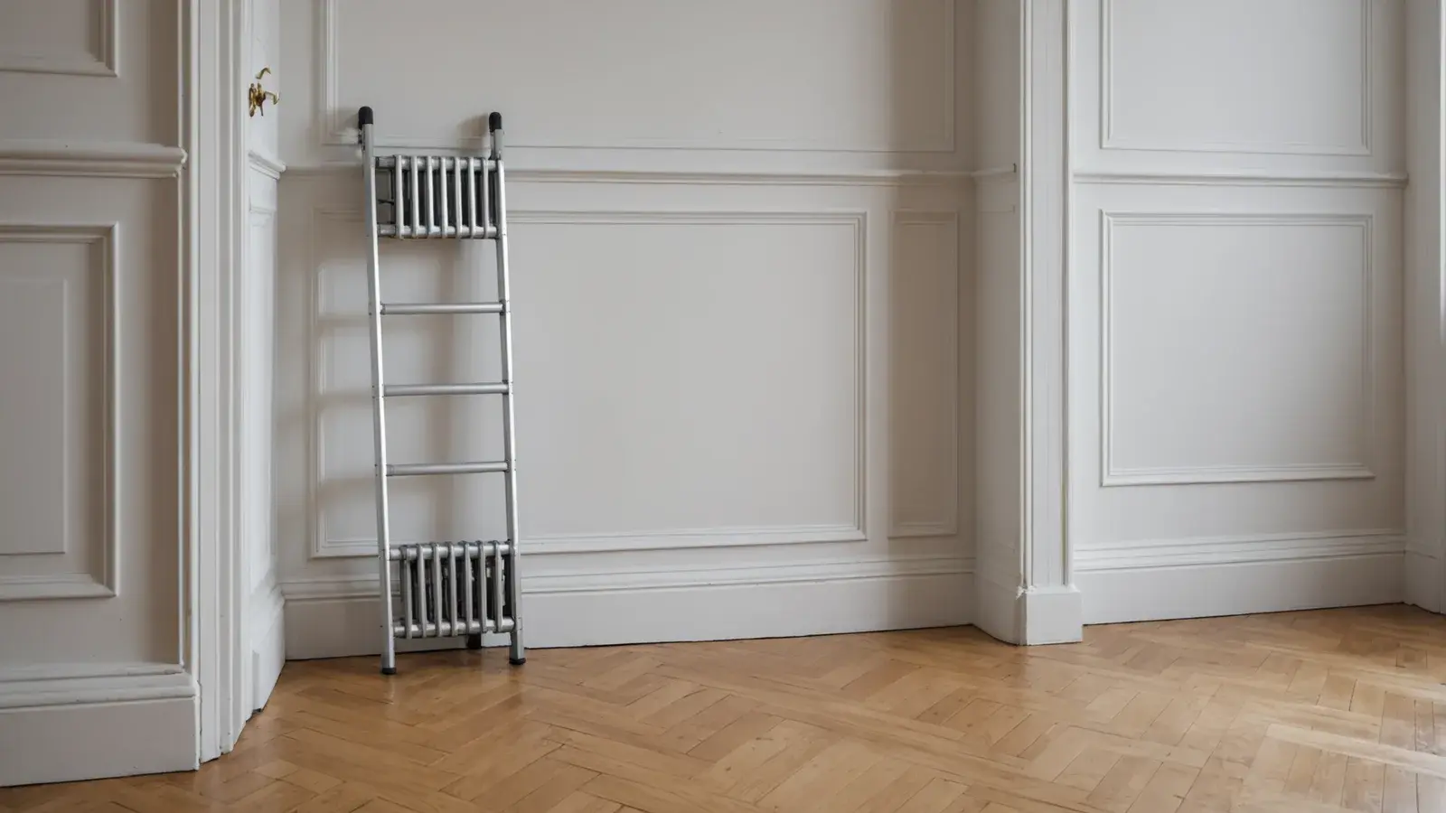 Échelle télescopique appuyée contre le mur d'un couloir haussmannien, parquet en point de Hongrie