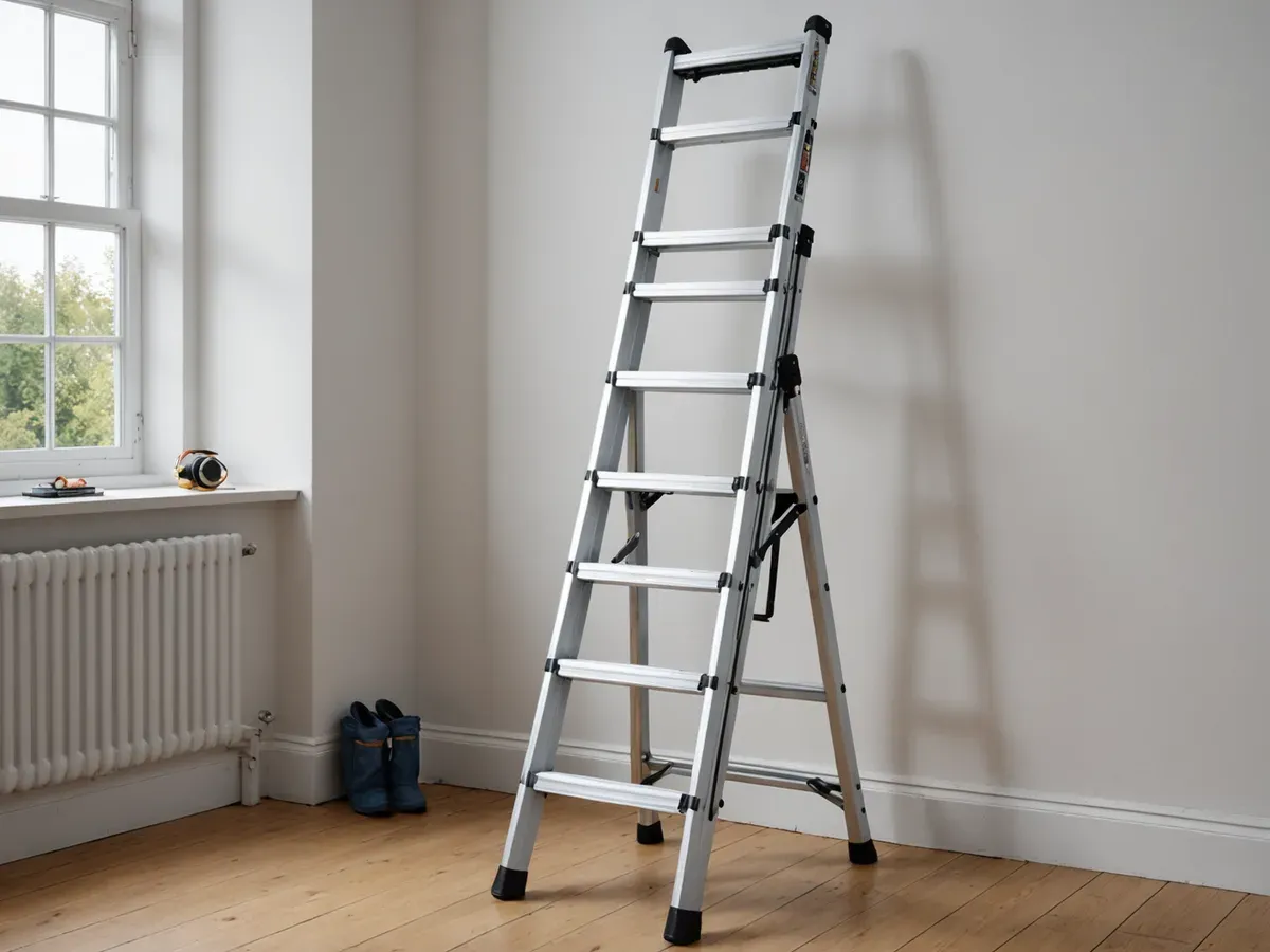 Illustration générée par IA d'une échelle-escabeau télescopique en aluminium ouverte en escabeau, dans une pièce claire : ne représente pas le modèle exact