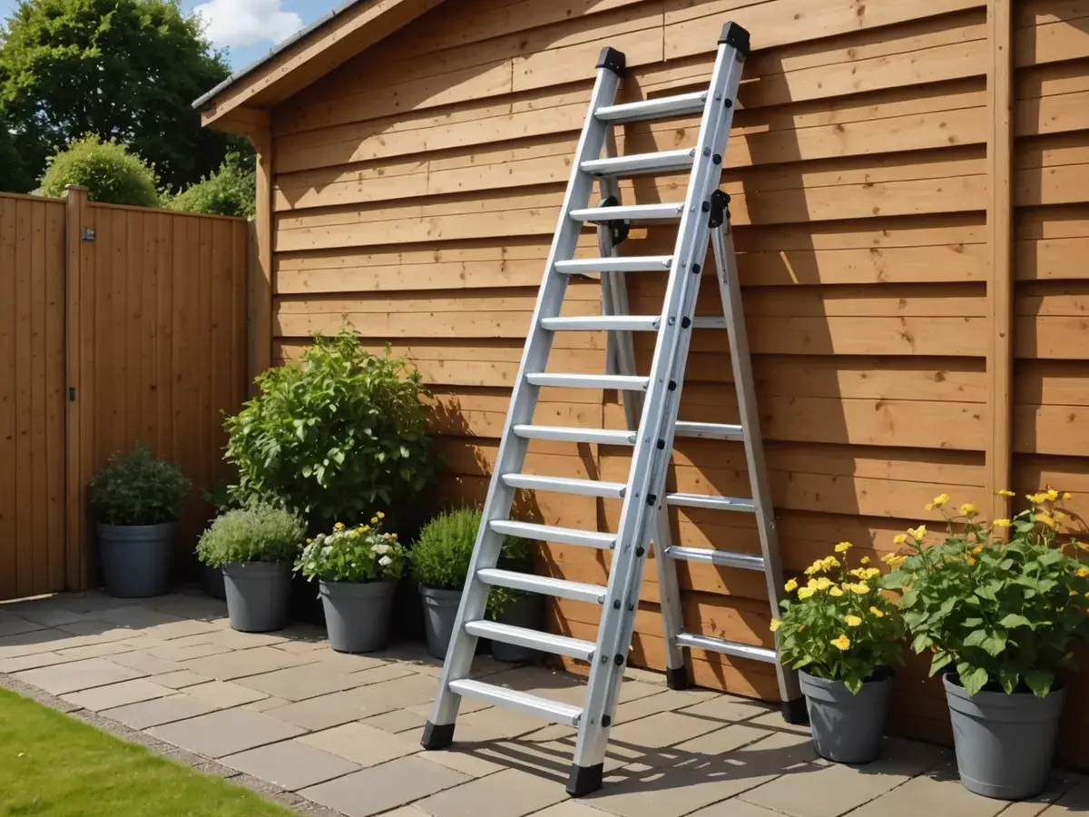 Illustration générée par IA d'une échelle télescopique en aluminium déployée, appuyée contre un abri de jardin : ne représente pas le modèle exact