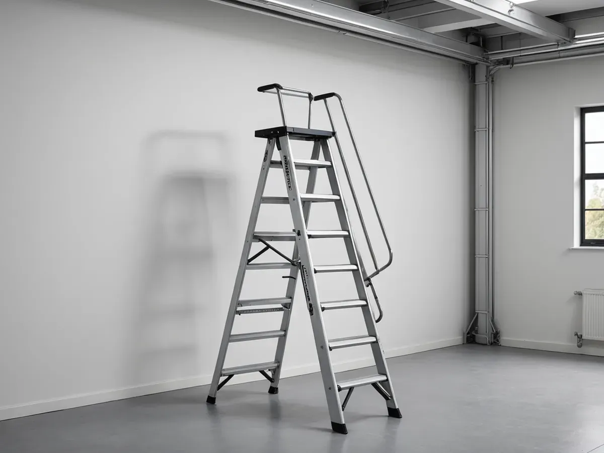 Illustration générée par IA d'un escabeau professionnel en aluminium à plateforme et garde-corps, dans des bureaux en travaux : ne représente pas le modèle exact