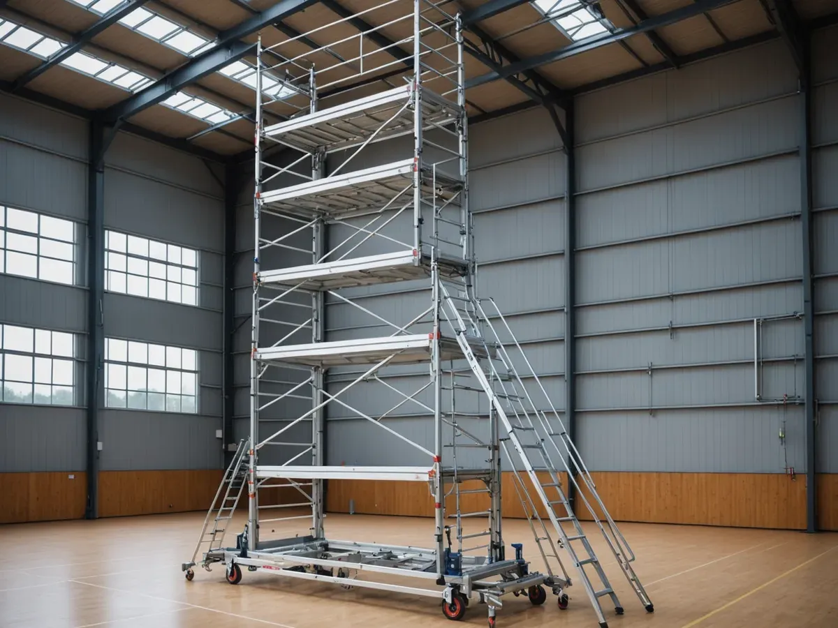 Illustration générée par IA d'un grand échafaudage roulant en aluminium avec garde-corps et stabilisateurs, dans un gymnase vide : ne représente pas le modèle exact