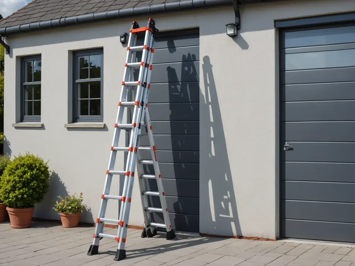 Illustration générée par IA d'une échelle télescopique en aluminium déployée, appuyée contre un garage : ne représente pas le modèle exact