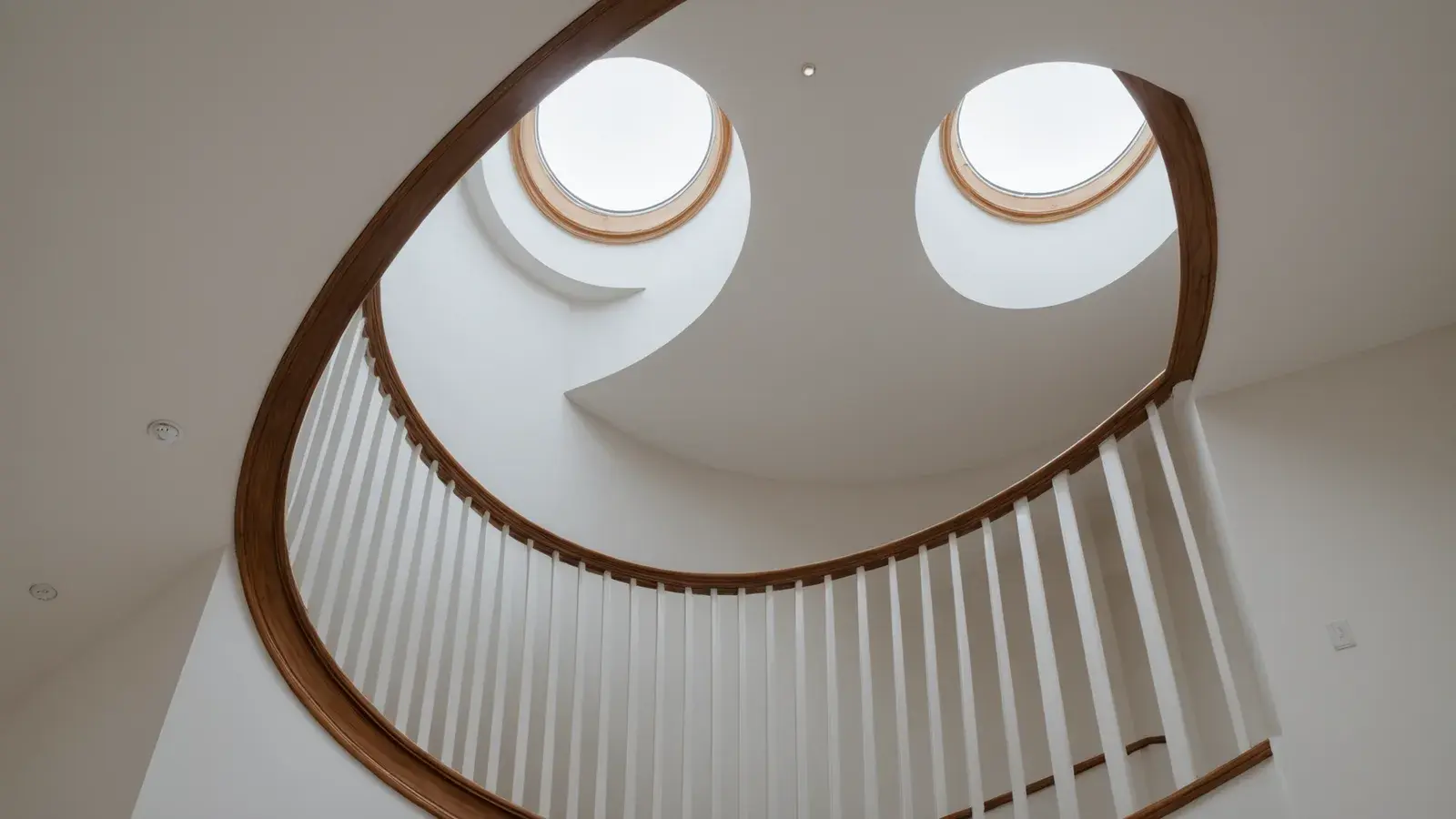 Cage d'escalier blanche vue d'en bas, rampe en bois courbe et deux puits de lumière