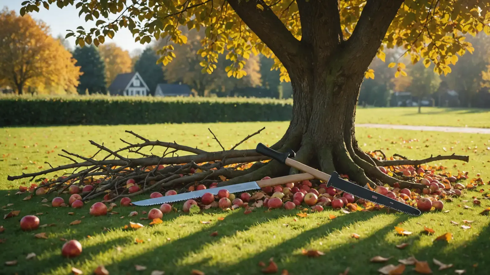 Scie d'élagage posée dans l'herbe au pied d'un pommier, branches coupées et pommes tombées