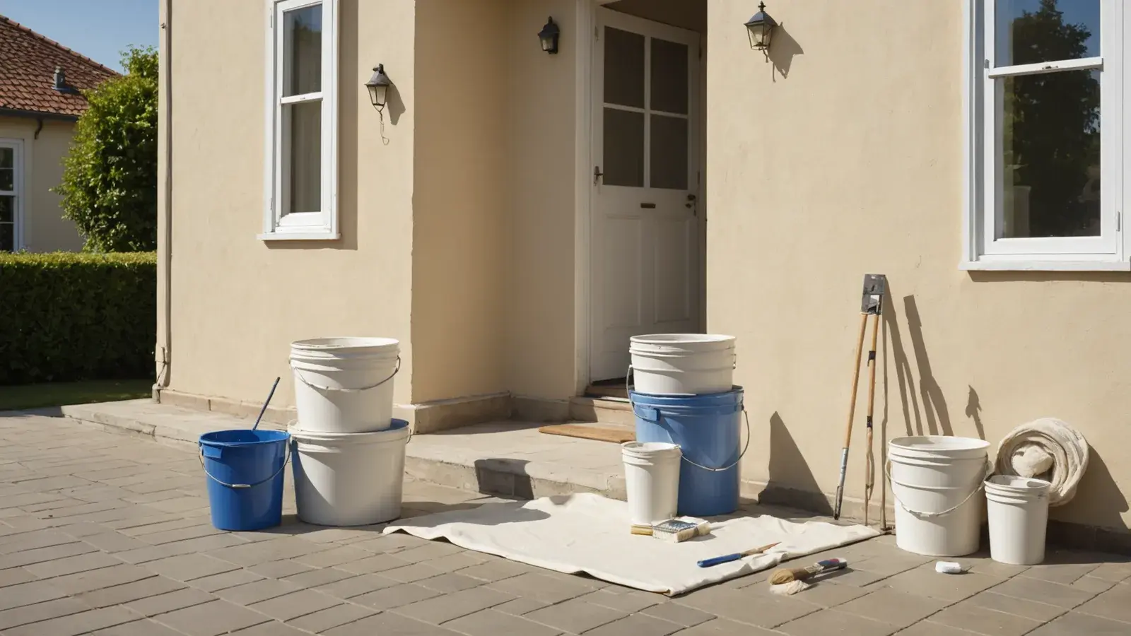 Seaux de peinture, rouleaux et bâche au pied d'une façade crème, devant la porte d'entrée
