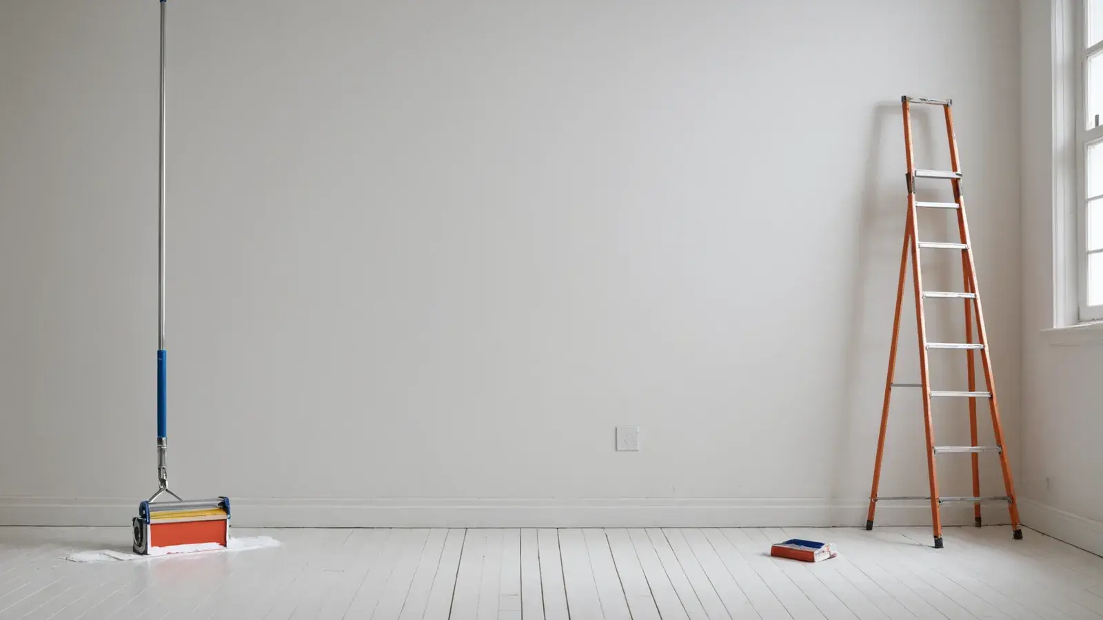 Rouleau à peinture sur une longue perche dans une pièce blanche vide, escabeau orange contre le mur