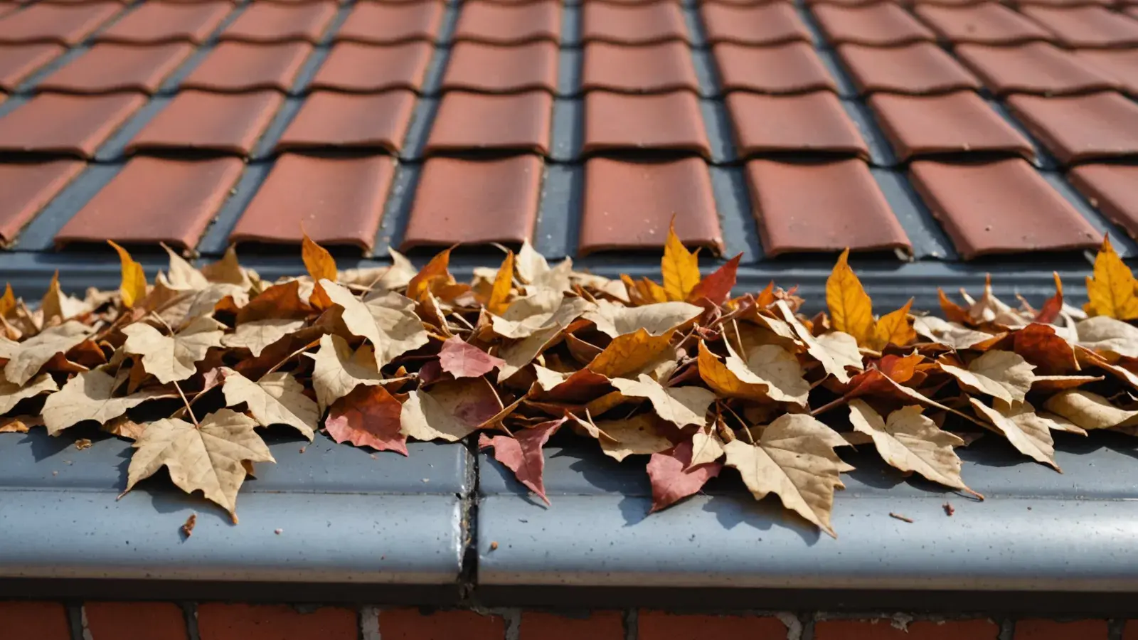 Gros plan sur une gouttière pleine de feuilles mortes au bord d'un toit de tuiles