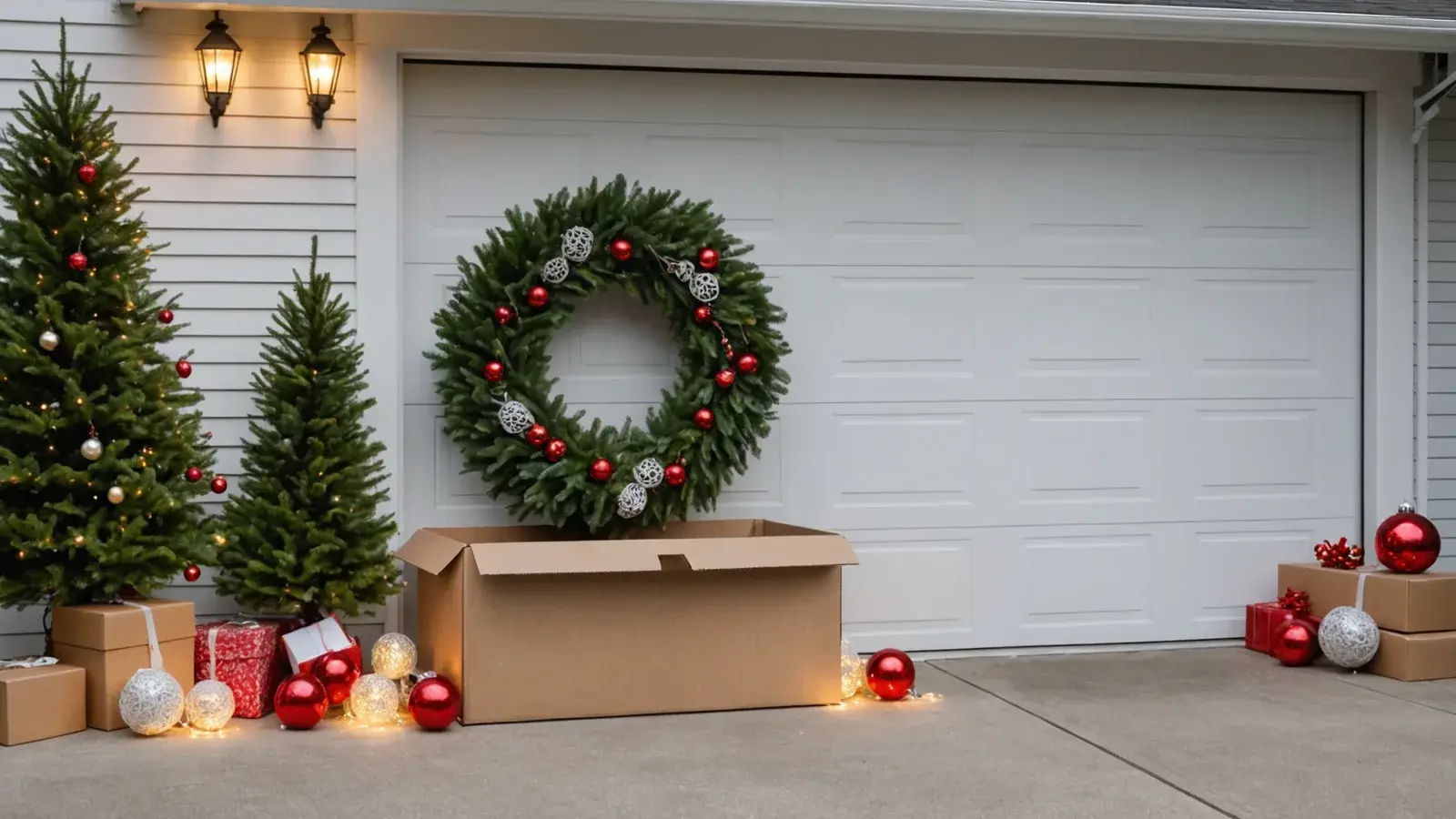 Décorations de Noël posées au sol devant une porte de garage : carton ouvert, couronne de sapin, petits sapins, boules rouges et guirlandes allumées