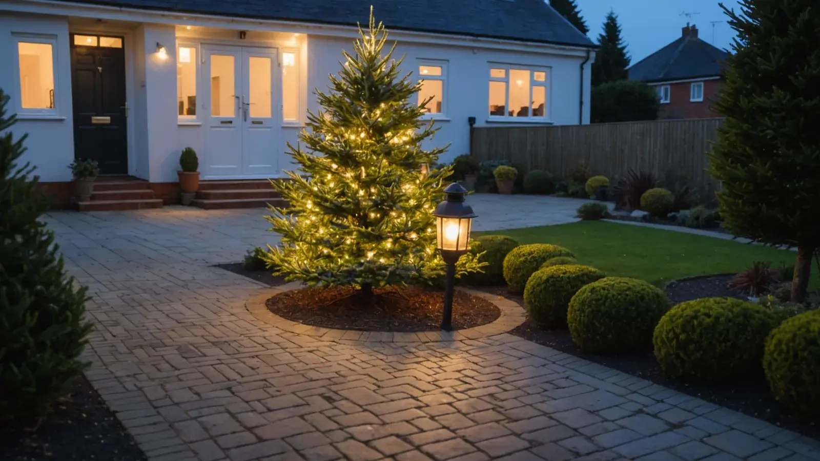 Sapin planté devant une maison de plain-pied au crépuscule, guirlande blanc chaud allumée dans ses branches et lanterne de jardin sur pied