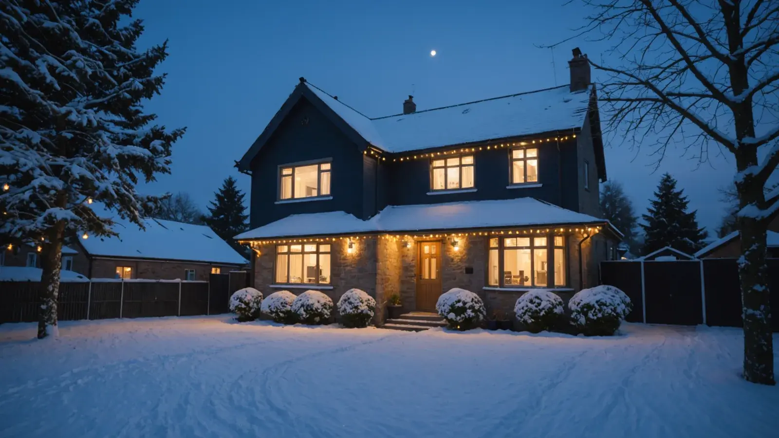 Maison à étage sous la neige à la nuit tombée, guirlandes blanc chaud le long de la rive du toit et au-dessus de la porte d'entrée