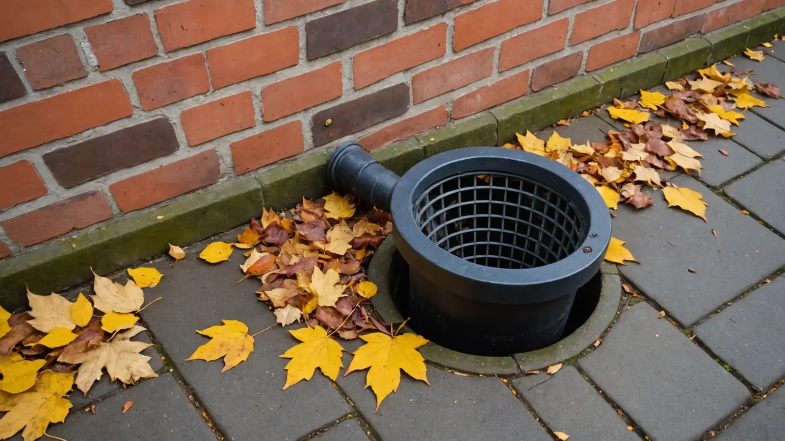 Avaloir d'eau de pluie à grille ronde au pied d'un mur de briques, entouré de feuilles mortes jaunes sur des pavés humides
