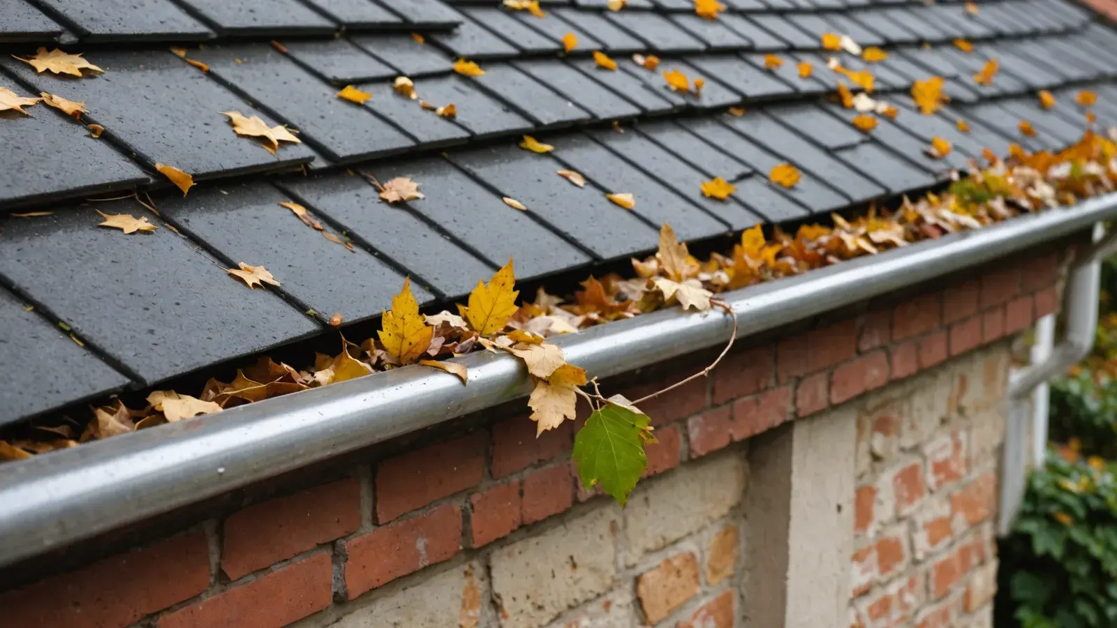 Gouttière en zinc remplie de feuilles mortes jaunes le long d'un toit de tuiles plates sombres, au-dessus d'un mur de briques rouges
