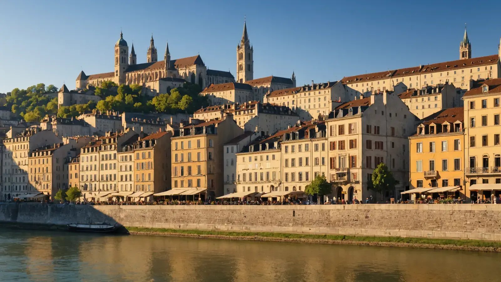 Façades colorées du Vieux Lyon au bord de la Saône, colline de Fourvière derrière, lumière du petit matin