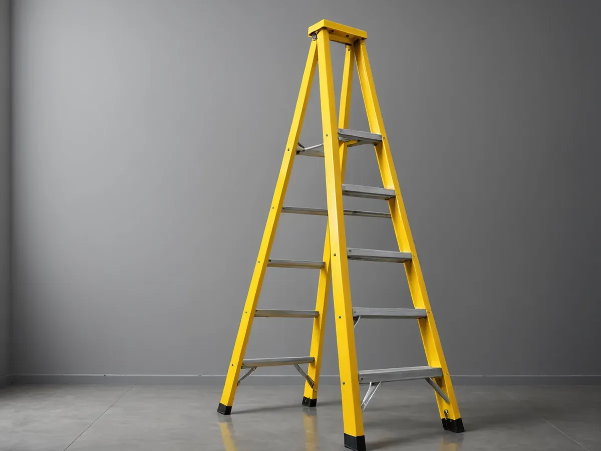 Illustration générée par IA d'un escabeau à montants en fibre de verre jaune, ouvert dans une pièce grise vide : ne représente pas le modèle exact