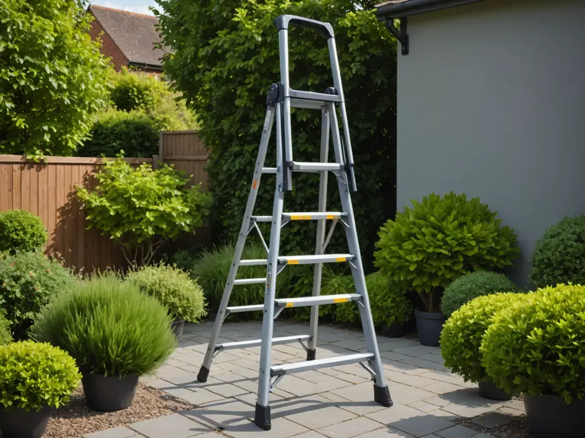 Illustration générée par IA d'une échelle-escabeau télescopique ouverte en escabeau sur une terrasse de jardin : ne représente pas le modèle exact