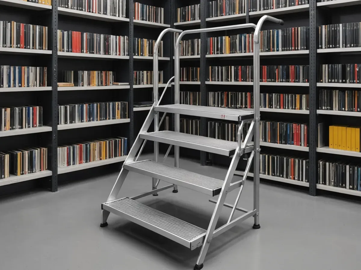 Illustration générée par IA d'un marchepied fixe en aluminium à trois marches, devant des rayonnages de livres : ne représente pas le modèle exact
